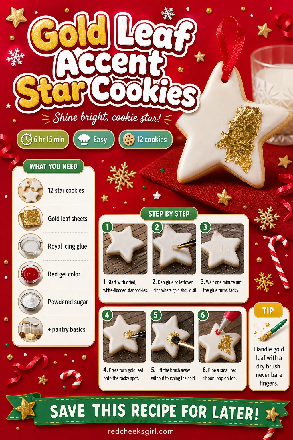 Gold Leaf Accent Star Cookies Recipe Card printable sheet — Printable card with photo, meta line, ingredients and the 6-step gold leaf method. Royal icing
