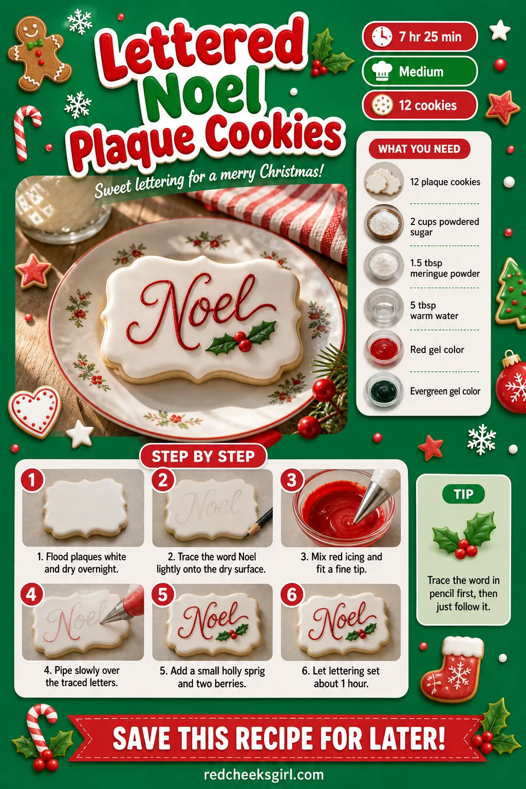 Lettered Noel Plaque Cookies Recipe Card printable sheet — Printable card with photo, meta line, ingredients and the 6-step lettering method. Royal icing