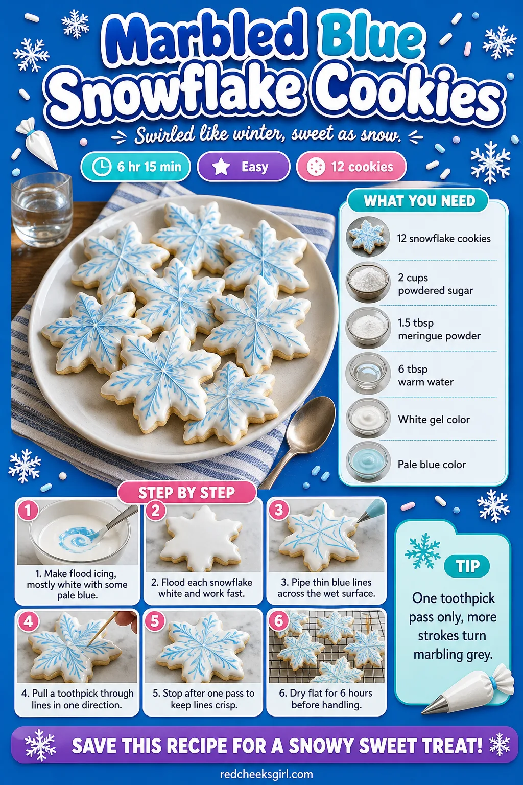 Marbled Blue Snowflake Cookies Recipe Card printable sheet — Printable card with photo, meta line, ingredients and the 6-step marbling method. Royal icing