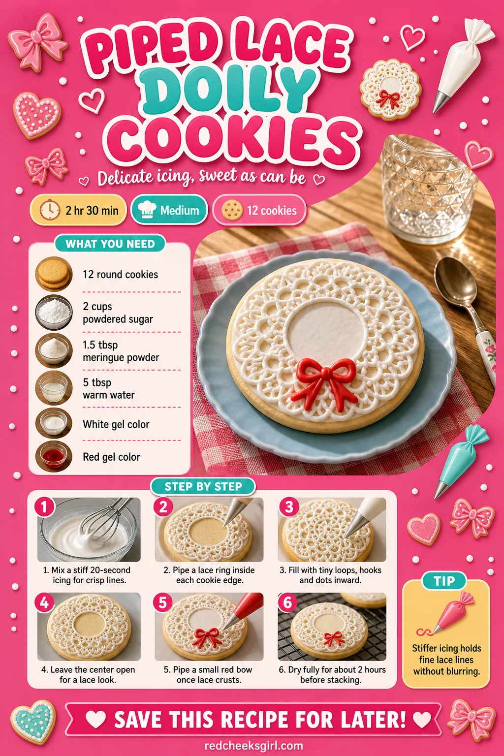 Piped Lace Doily Cookies Recipe Card printable sheet — Printable card with photo, meta line, ingredients and the 6-step lace piping method. Royal icing