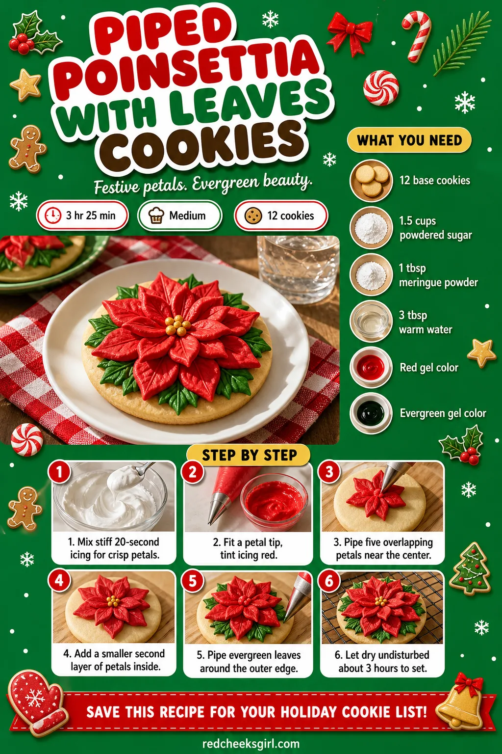 Piped Poinsettia With Leaves Cookies Recipe Card printable sheet — Printable card with photo, meta line, ingredients and the 6-step floral piping method. Royal