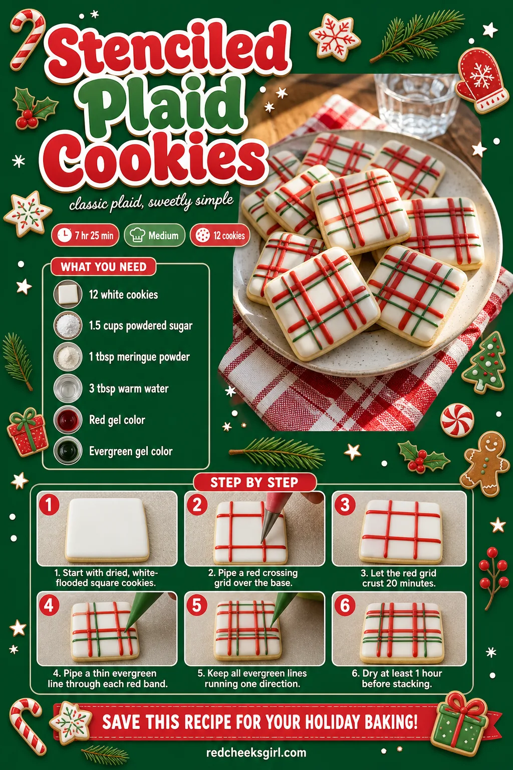 Stenciled Plaid Cookies Recipe Card printable sheet — Printable card with photo, meta line, ingredients and the 6-step plaid method. Royal icing christmas