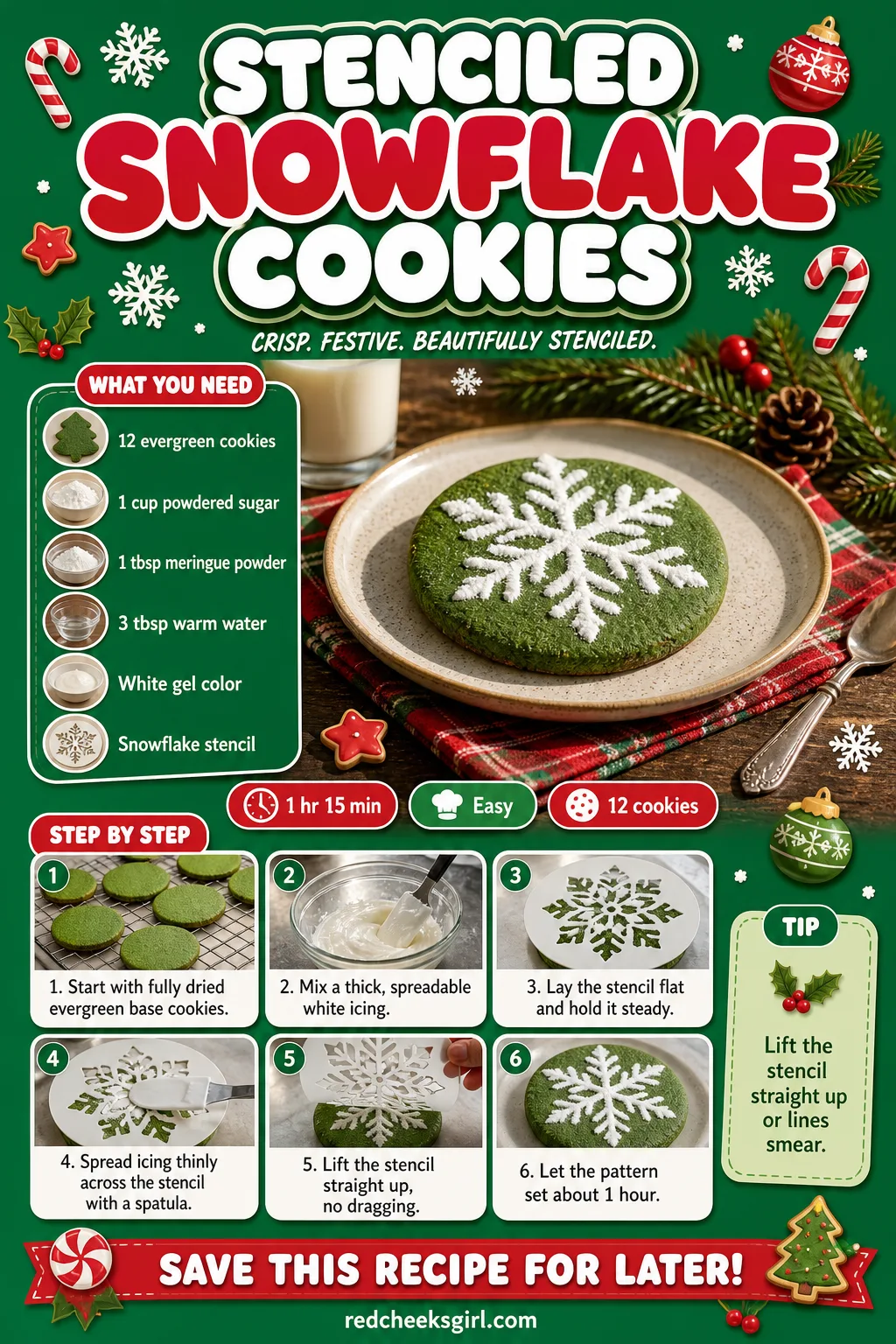 Stenciled Snowflake Cookies Recipe Card printable sheet — Printable card with photo, meta line, ingredients and the 6-step stencilling method. Royal icing