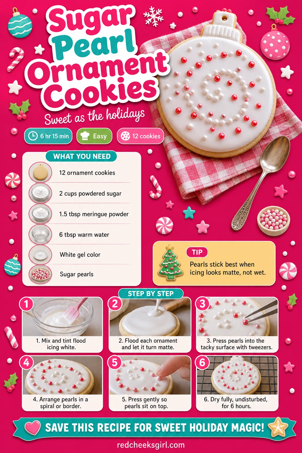 Sugar Pearl Ornament Cookies Recipe Card printable sheet — Printable card with photo, meta line, ingredients and the 6-step pearl setting method. Royal icing