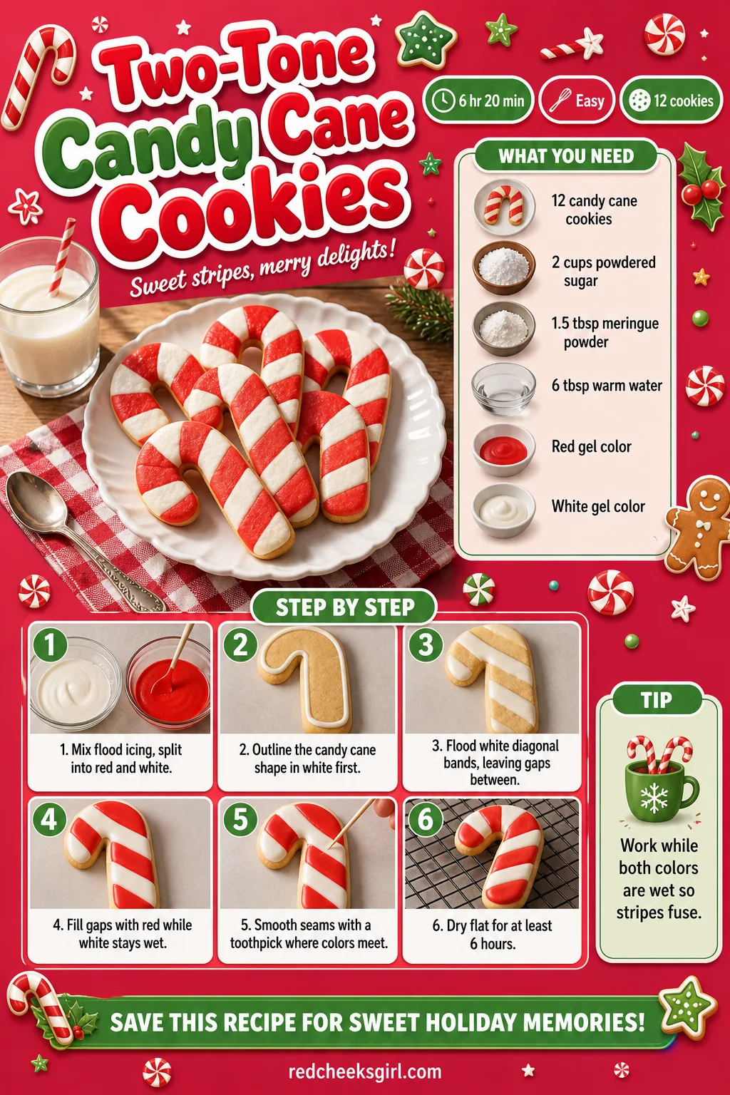 Two-Tone Candy Cane Cookies Recipe Card printable sheet — Printable card with photo, meta line, ingredients and the 6-step striping method. Royal icing