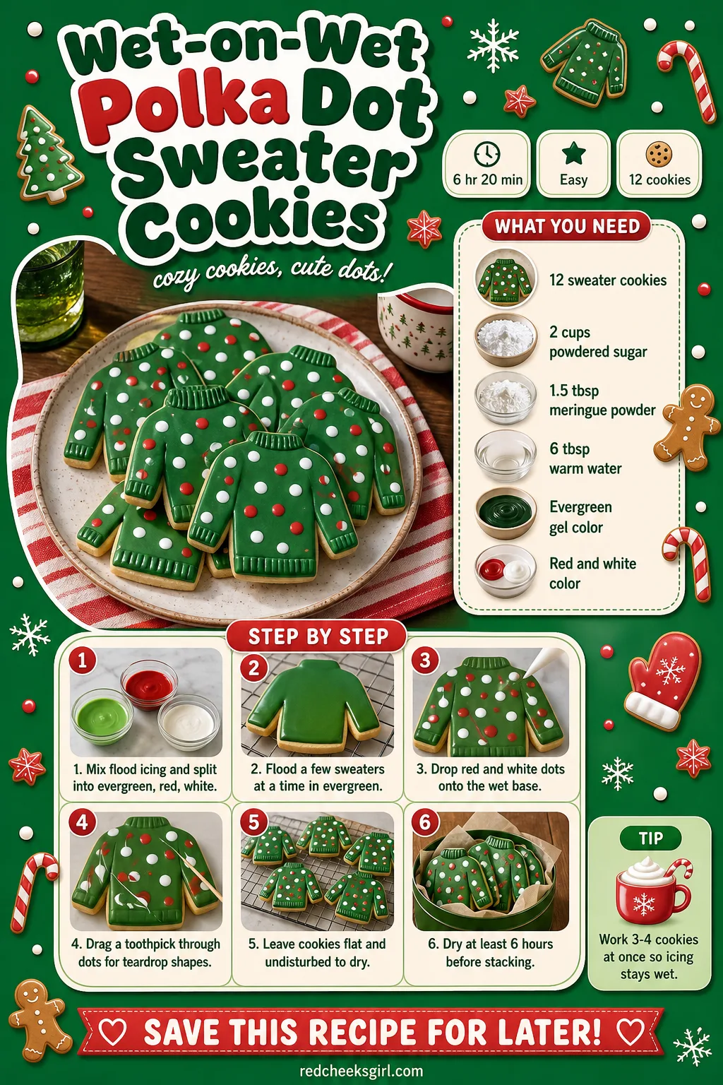 Wet-on-Wet Polka Dot Sweater Cookies Recipe Card printable sheet — Printable card with photo, meta line, ingredients and the 6-step wet-on-wet method. Royal