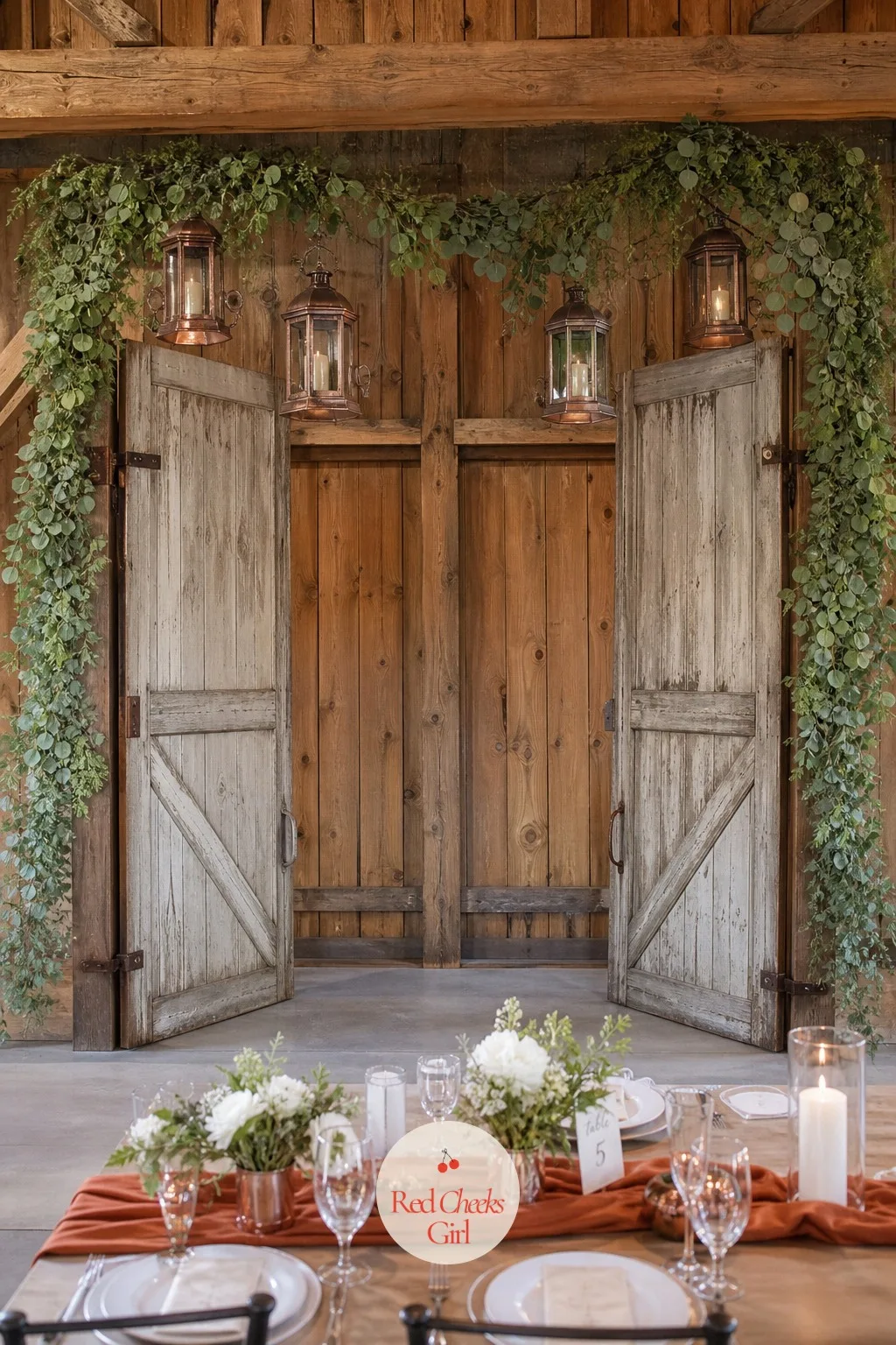 Barn Door Backdrop — A pair of old barn doors standing slightly ajar does more for a ceremony backdrop than almost any built arch, because it already looks