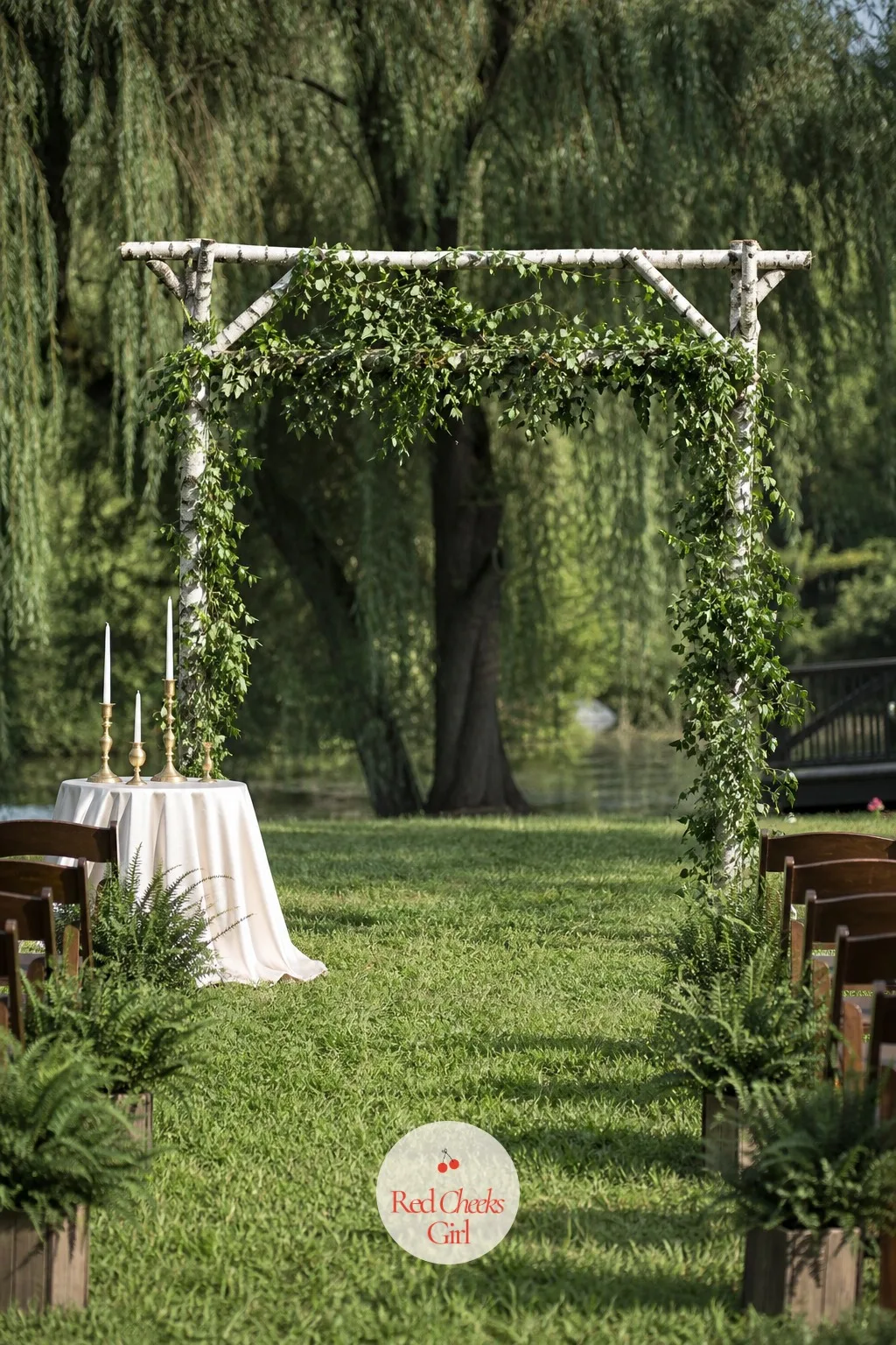 Birch Branch Arch — A plain grass aisle says nothing until something stands at the end of it. Rustic wedding arch