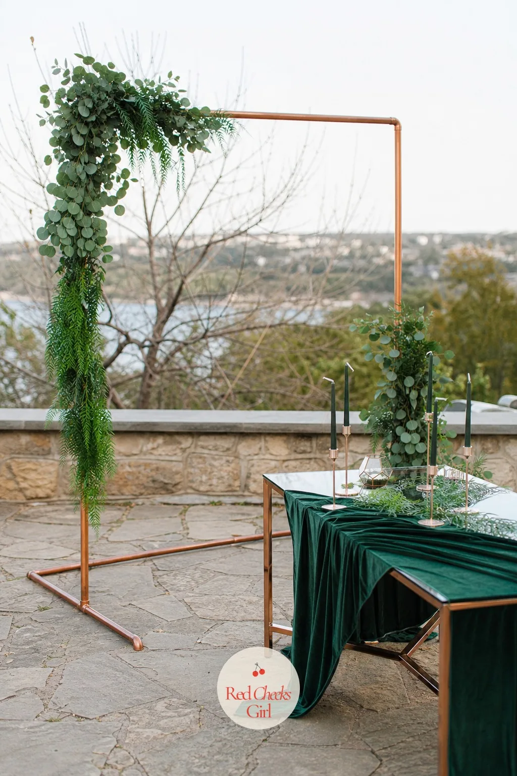 Copper Pipe Frame with Greenery — A rustic wedding does not have to mean only wood and wildflowers, and a geometric copper pipe arch wrapped in trailing