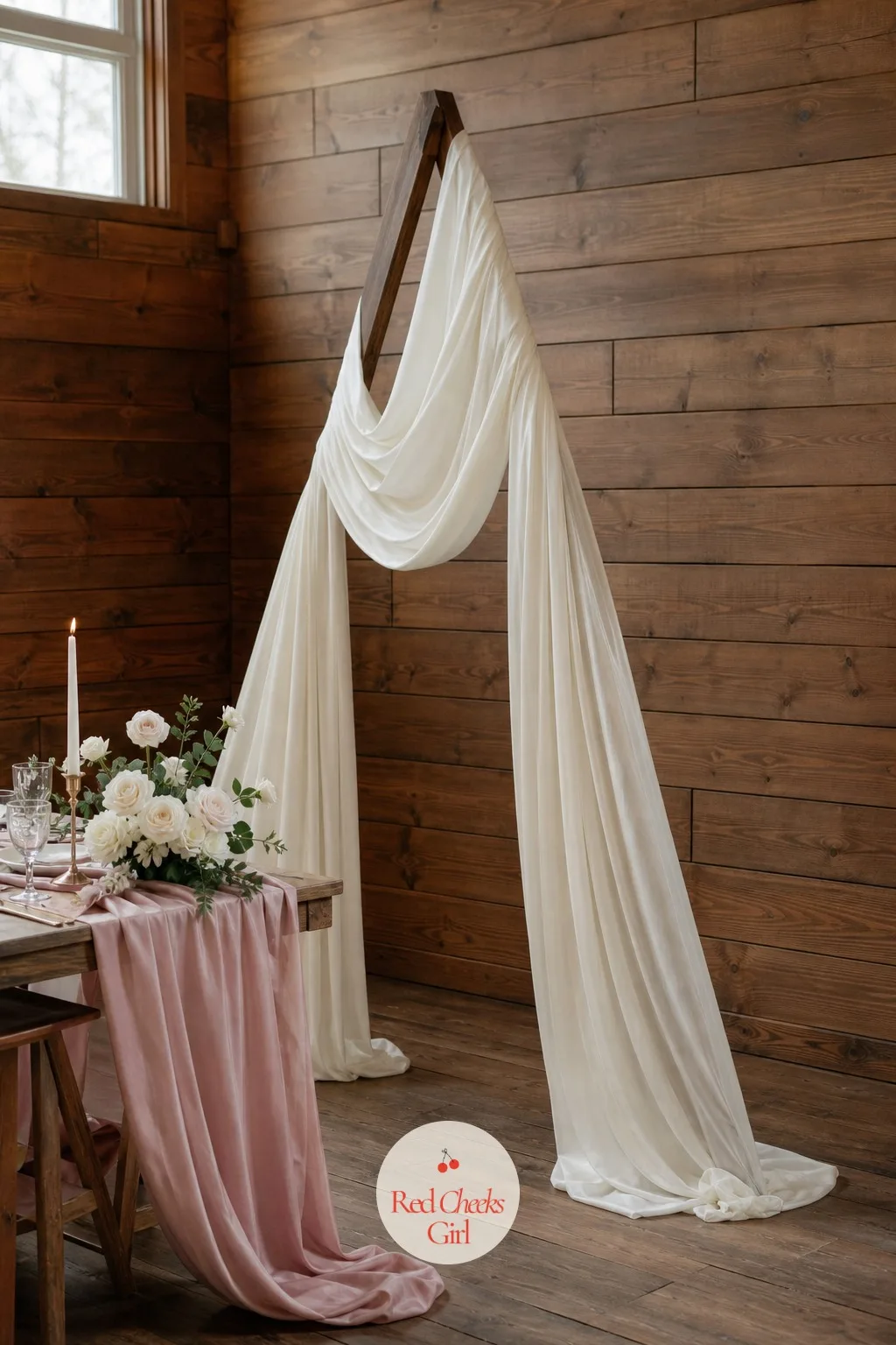 Cream Cotton Drapery on a Wooden Frame — A bare wooden A-frame looks unfinished. Rustic wedding arch