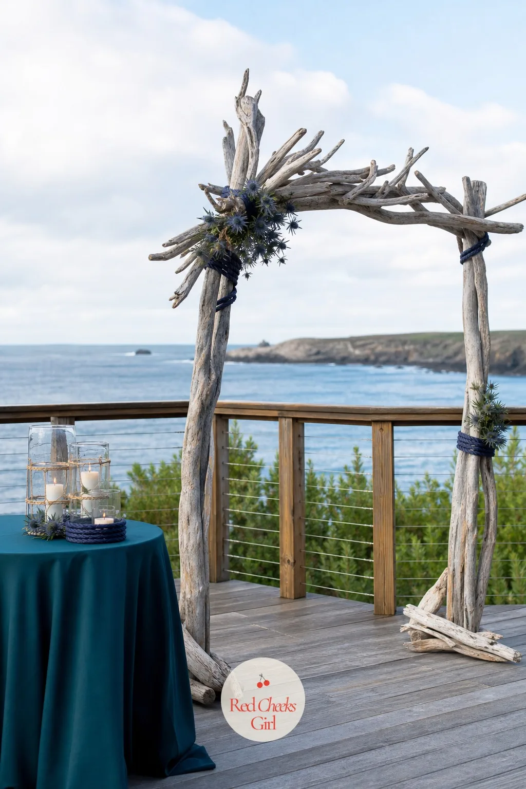Driftwood Arch — Nothing says beach ceremony less convincingly than a hired white lattice arch. Rustic wedding arch