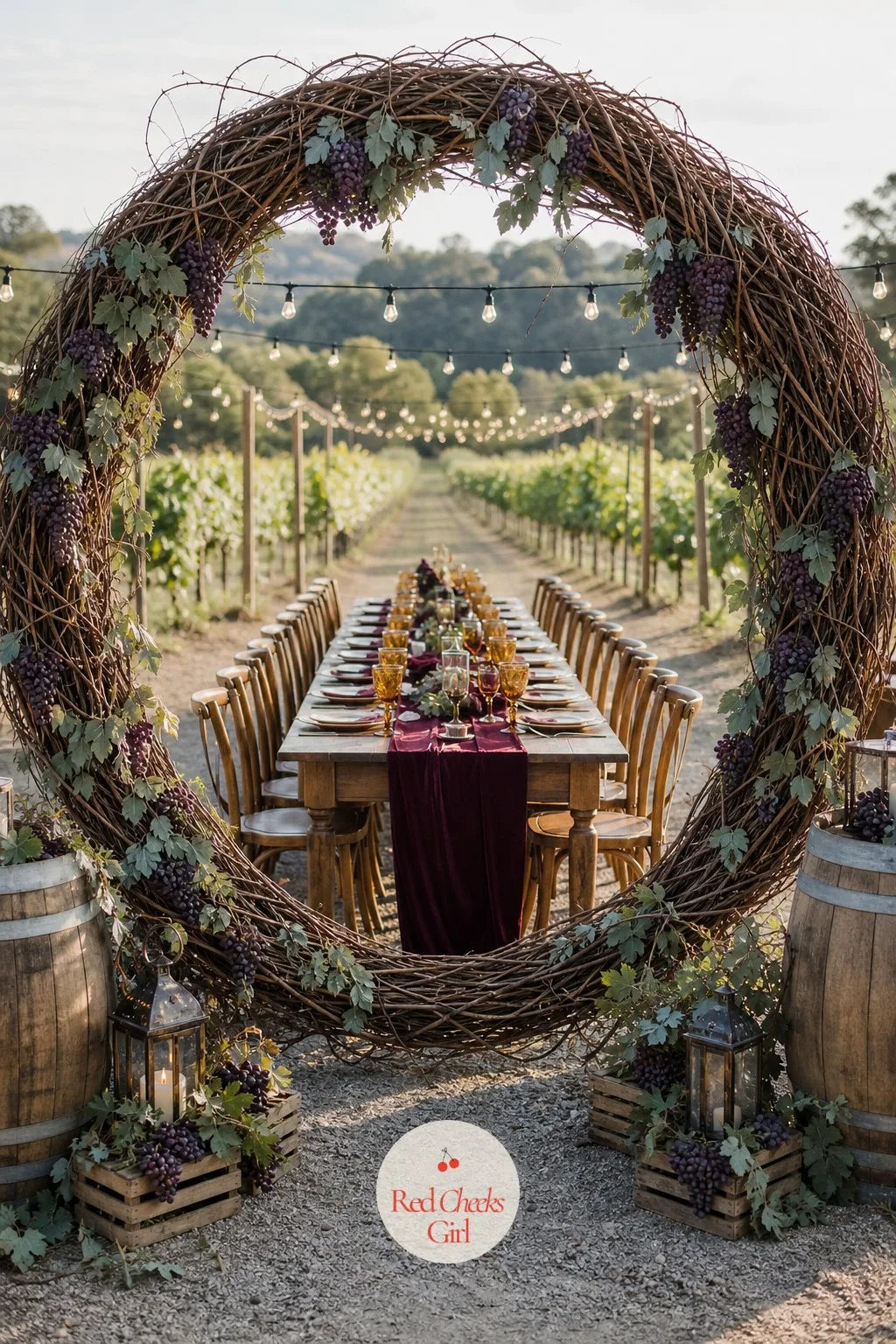Grapevine Circle Arch — A vineyard wedding does not need much convincing decor, the setting is already doing the work. Rustic wedding arch
