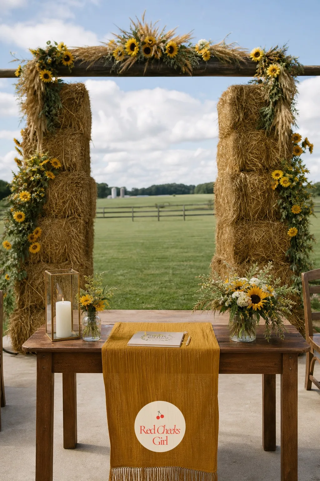 Hay Bale Ceremony Backdrop — Hay bales read as farm wedding faster than almost anything else on this list, stacked simply on either side of the space the