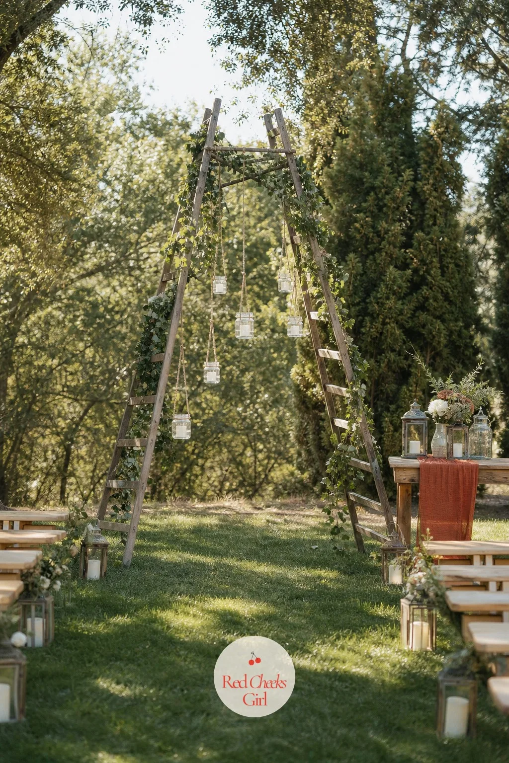 Ladder Arch with Lanterns — Two wooden ladders leaned together at the top look like someone simply stopped working on the barn roof and left the arch behind