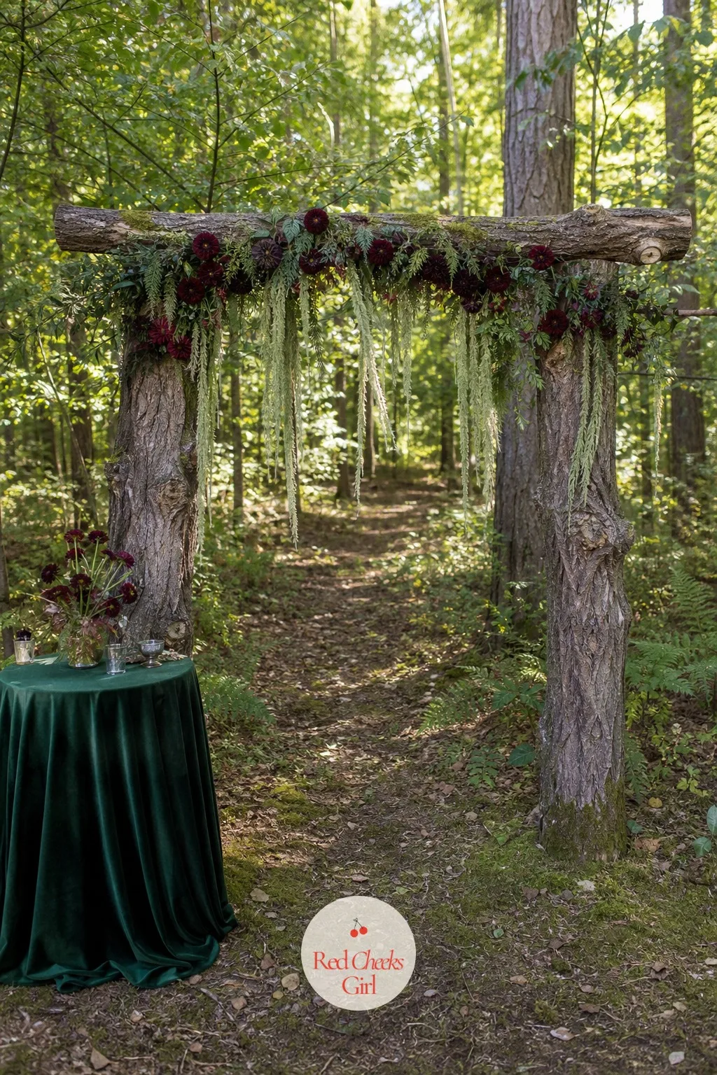 Tree Trunk Arch — Two raw tree trunk posts and a single thick beam across the top look less like a prop and more like something the forest grew that way.