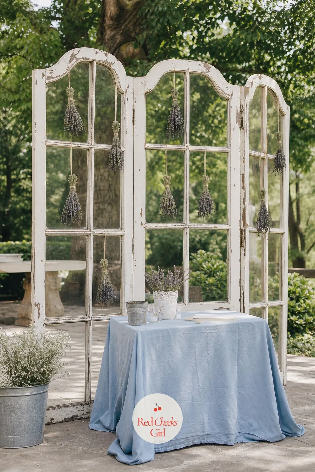 Vintage Window Frame Arch — Three old window frames leaning together might sound like a reclamation yard mistake, until they are hinged upright on a terrace