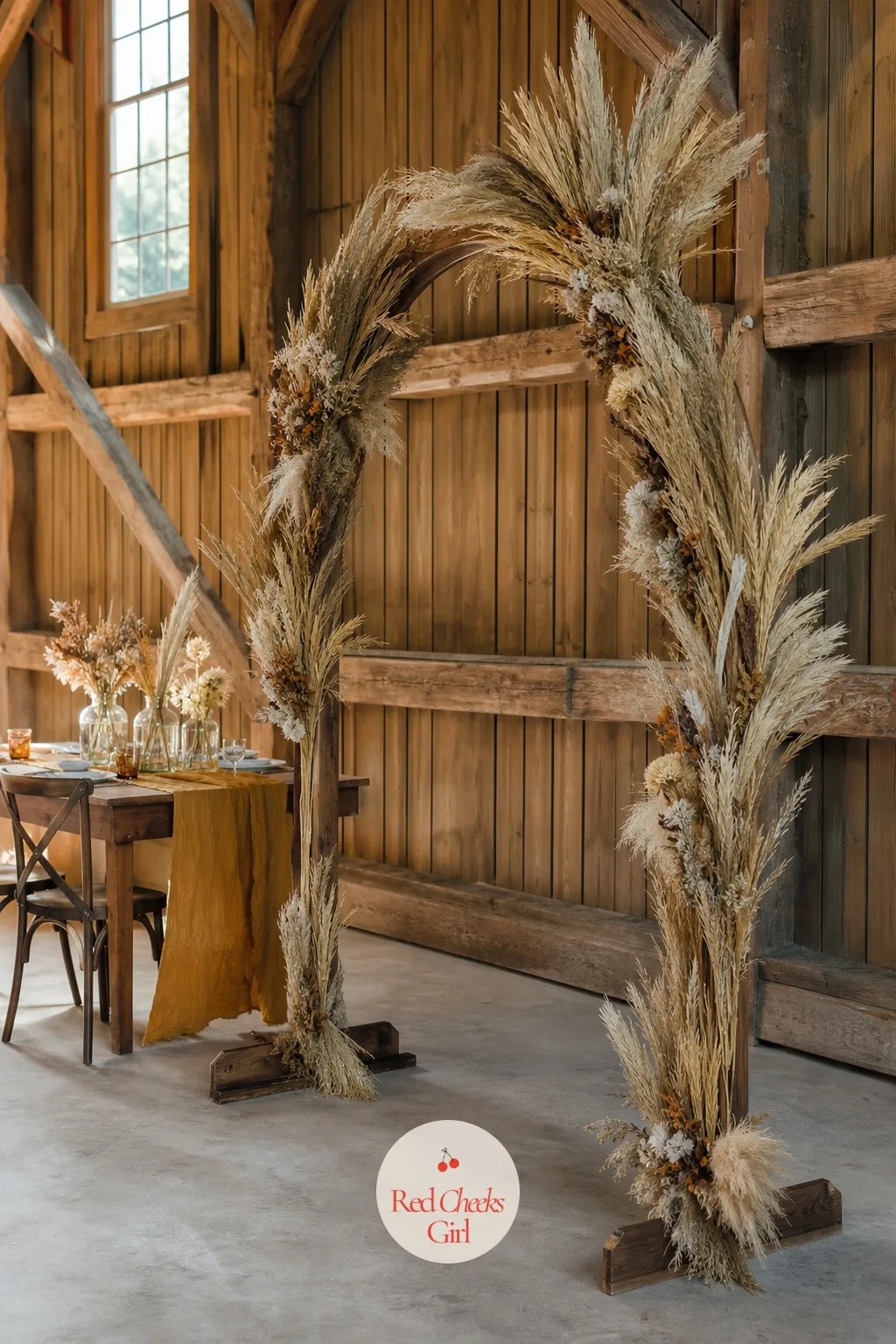 Wheat and Dried Flower Arch — Gold reads as harvest before anyone explains the theme, and a wooden arch bound thickly in wheat stalks and dried pampas plumes