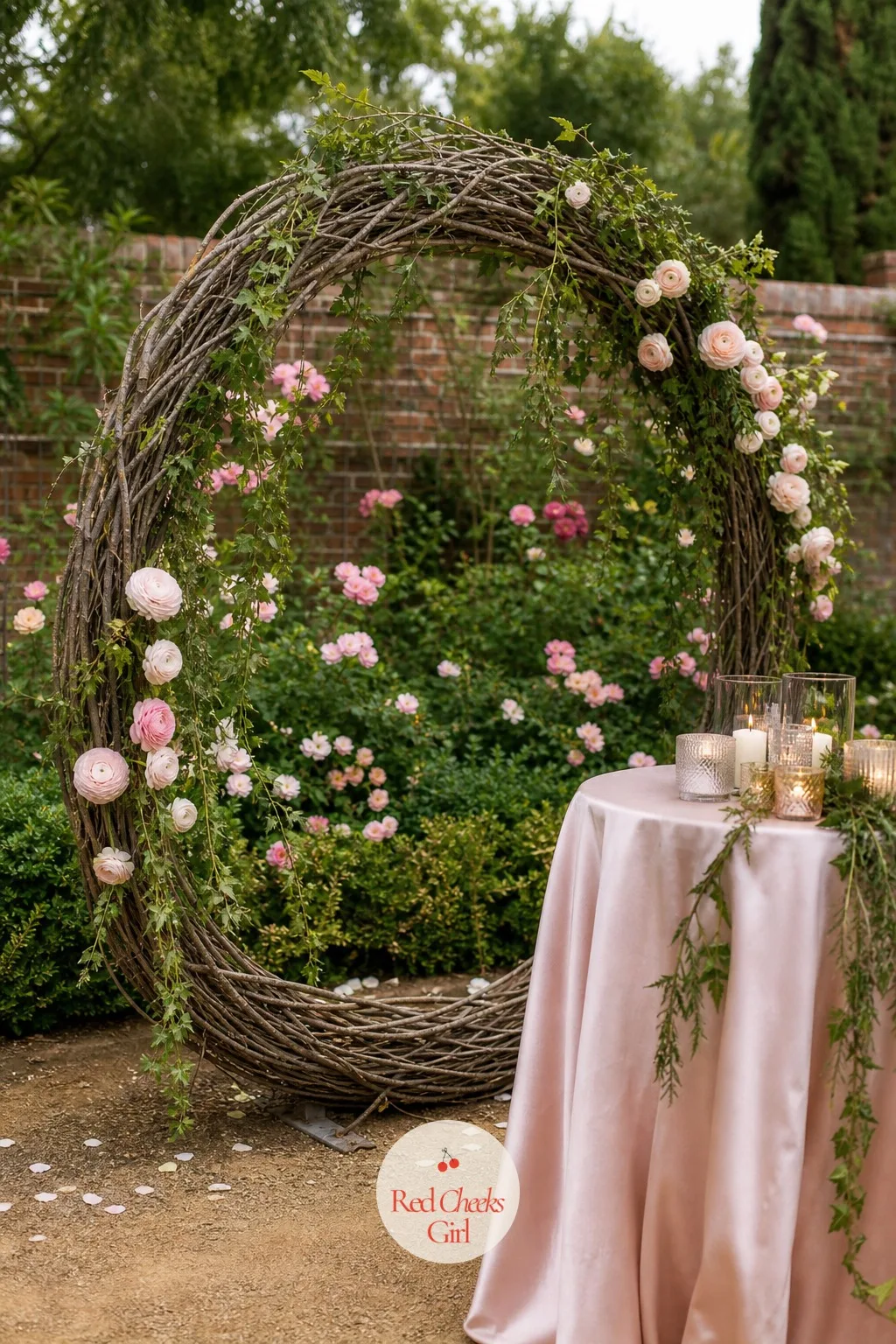 Willow Branch Moon Gate Arch — A straight arch reads as a doorway. Rustic wedding arch