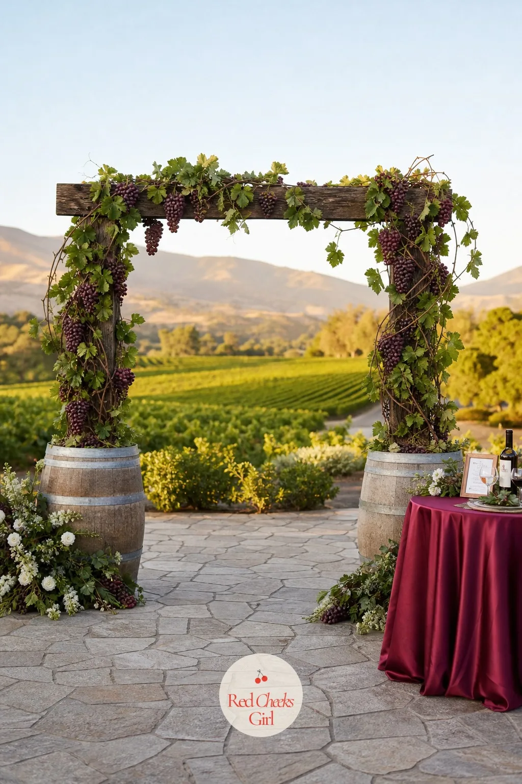 Wine Barrel Arch — Two barrels and a plank sound almost too simple to be a whole ceremony backdrop, until they are standing on a stone terrace holding up a