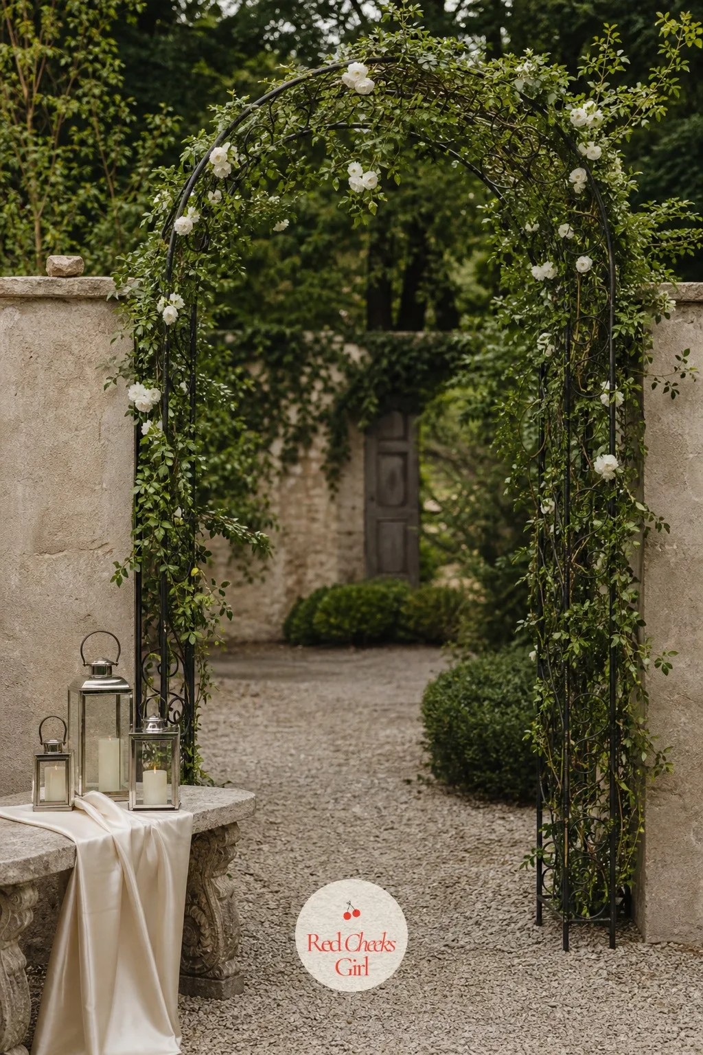 Wrought Iron Garden Arch with Ivy — Some gardens already have an iron arch standing over a path, and the kindest thing to do with it is let real ivy do what it