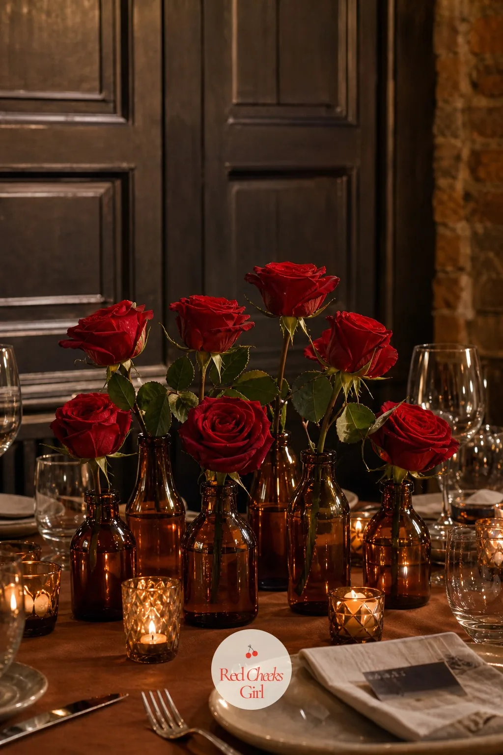 Amber Glass Bottles with Single Stem Roses — Amber glass warms a table the second candlelight hits it, which makes this one of the few vintage pieces that