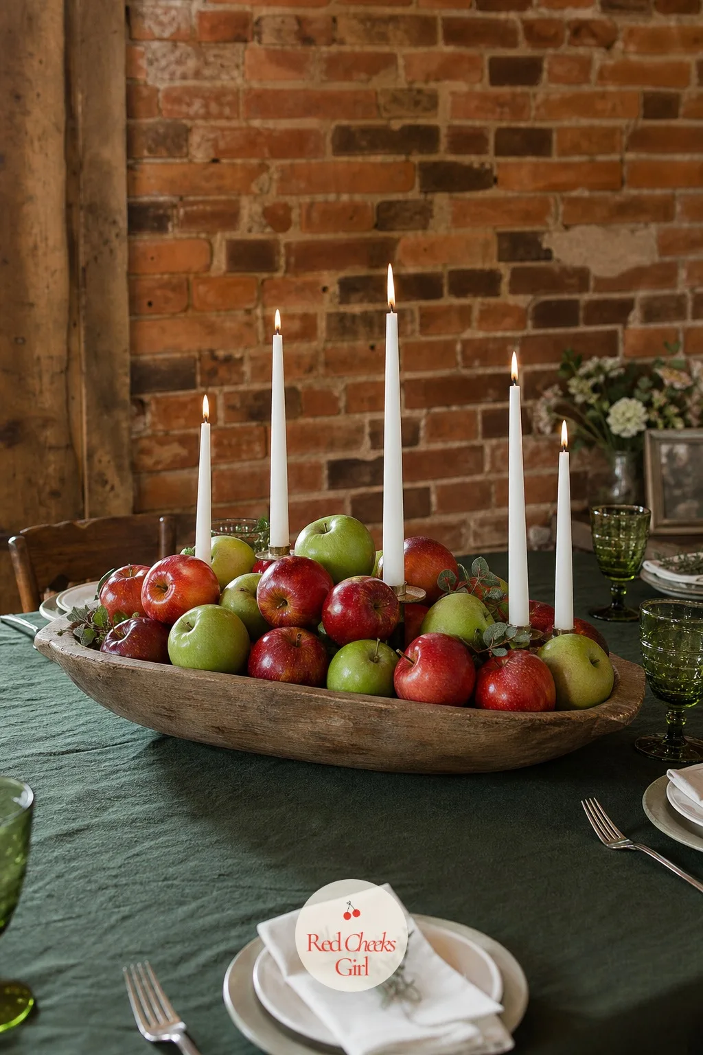 Apples in a Wooden Bowl with Candles — This one looks like it came off the orchard that morning, and for under twenty dollars a table, it almost did. Rustic