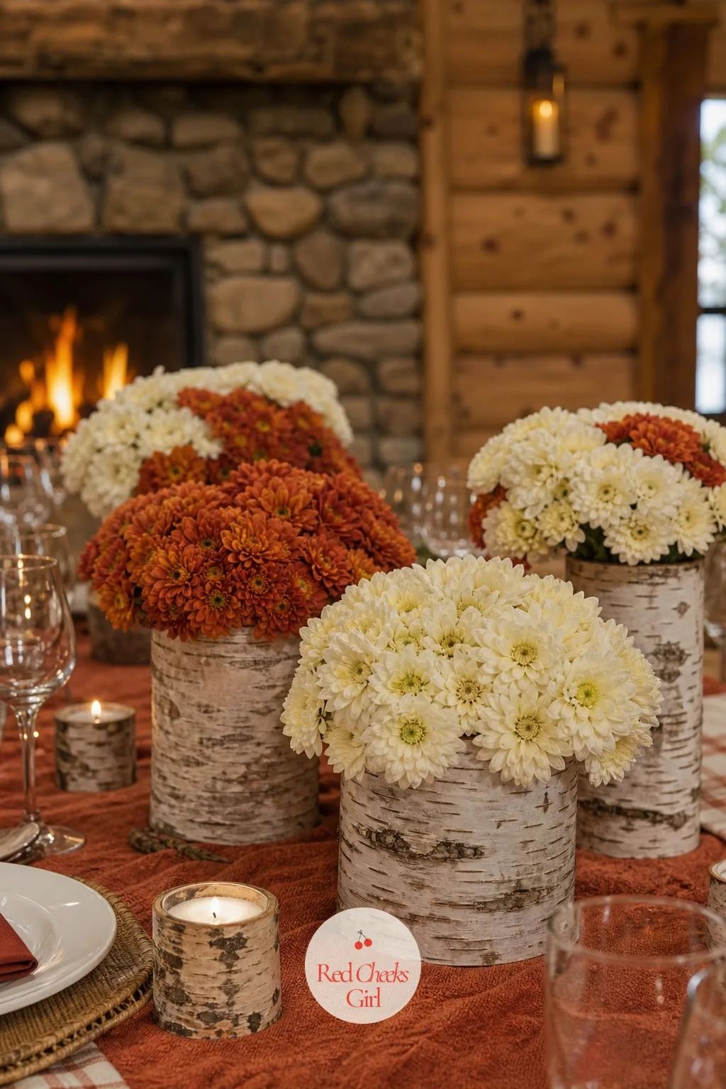 Birch Bark Vases with Garden Mums — Birch bark wrapped around a plain glass vase turns a five dollar container into something that belongs on a rustic table
