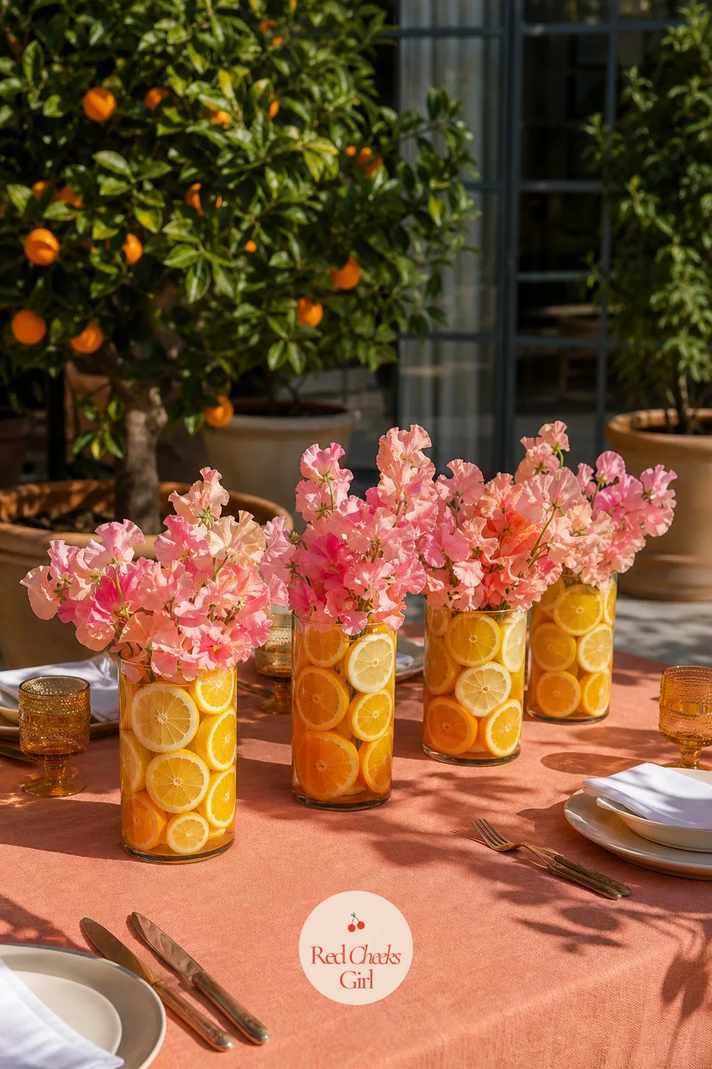 Citrus Slices and Sweet Peas in Glass Cylinders — Dropping citrus slices into a glass cylinder before the flowers go in gives a centerpiece colour at every