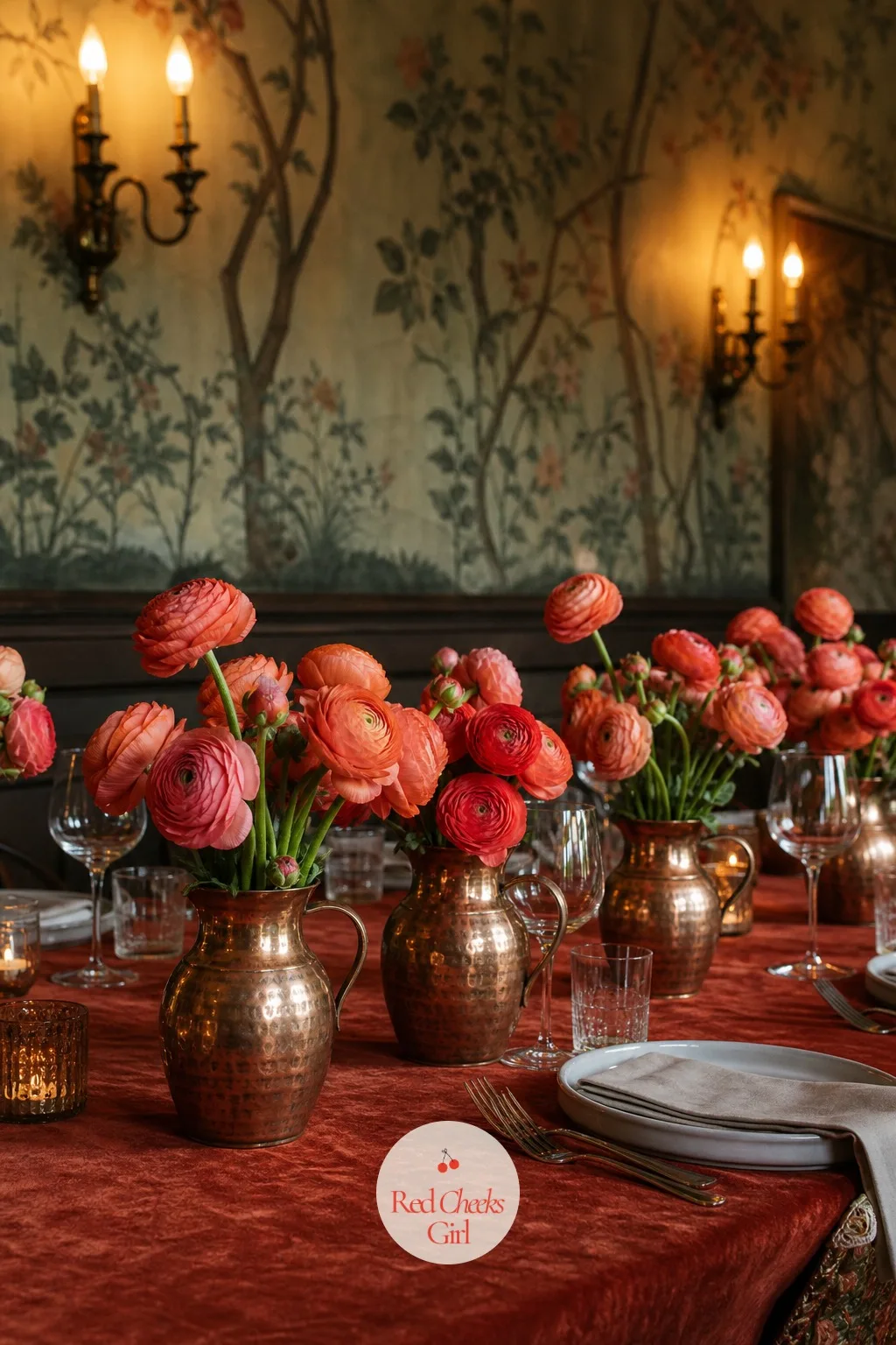 Copper Vessels of Ranunculus — Copper catches candlelight in a way galvanized metal never quite manages, which is the whole argument for spending slightly more