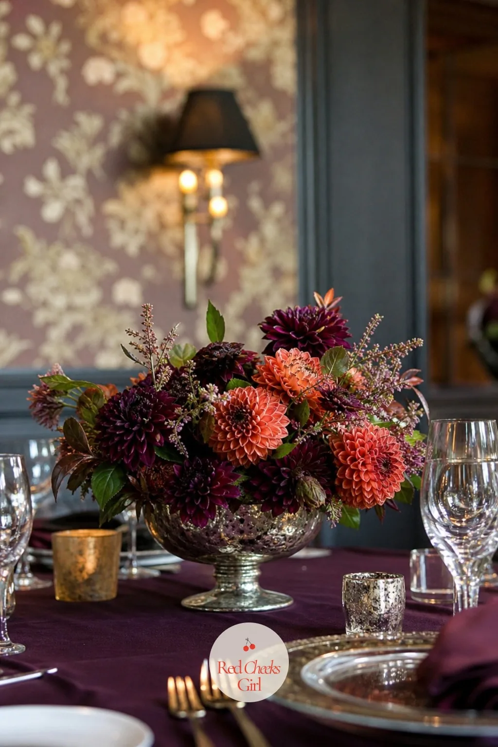 Dahlias in Mercury Glass Compotes — Dahlias in deep plum and burnt orange look like autumn without saying the word out loud. Rustic wedding centerpieces