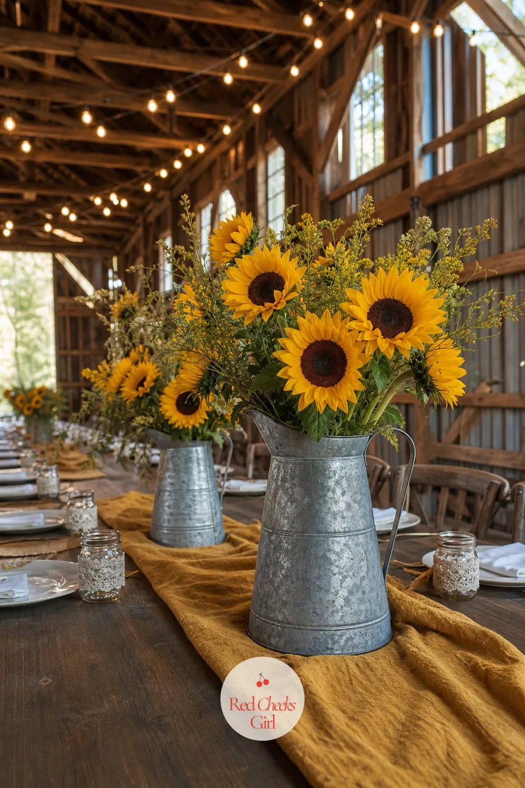 Galvanized Pitchers of Sunflowers — A sunflower centerpiece can tip into county fair if she is not careful. Rustic wedding centerpieces
