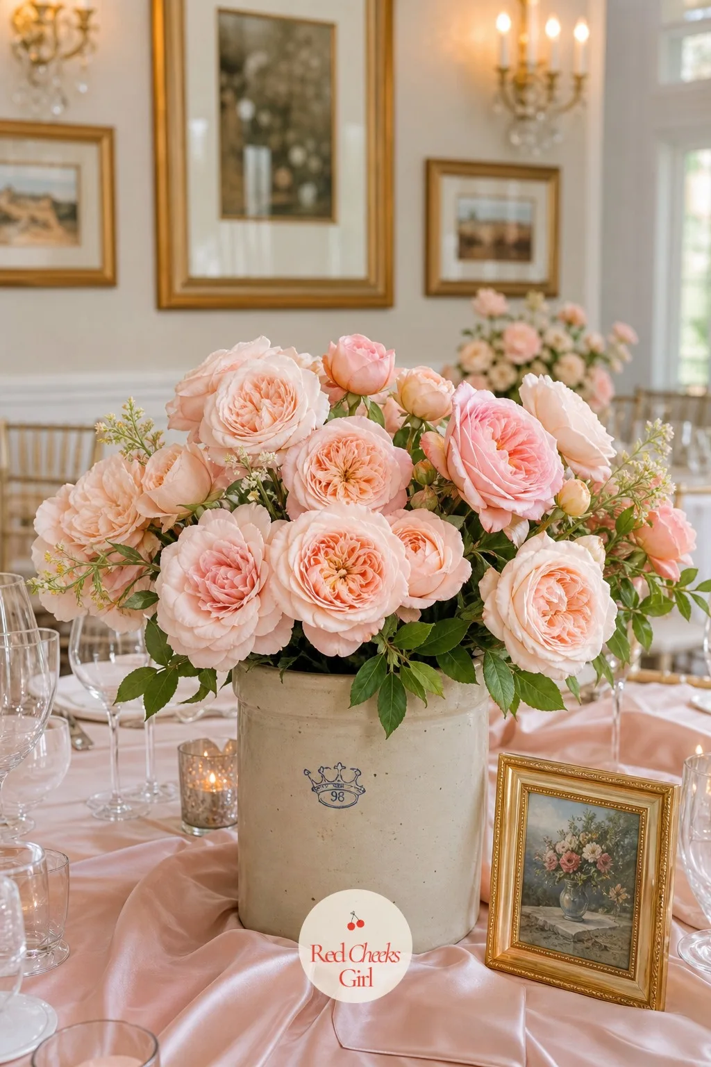 Garden Roses in Crocks — Garden roses look expensive because they are, usually. Rustic wedding centerpieces