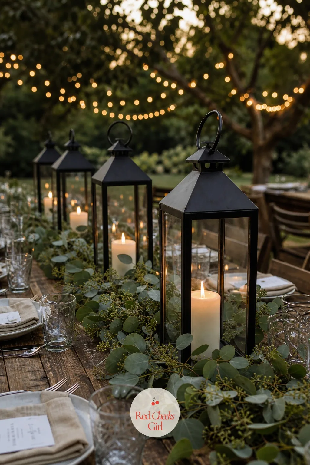 Lanterns with Greenery — A lantern reads as rustic the second it is lit, before the greenery even goes in. Rustic wedding centerpieces