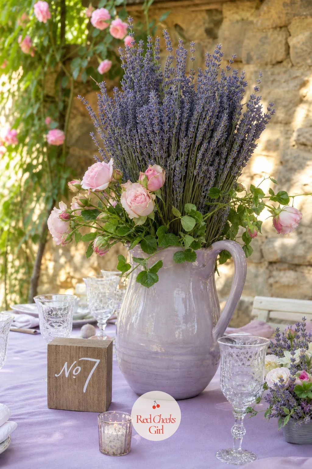 Lavender Bundles in Ceramic Pitchers — Lavender gives a table scent as much as colour, and dried bundles hold their purple far longer than almost any cut