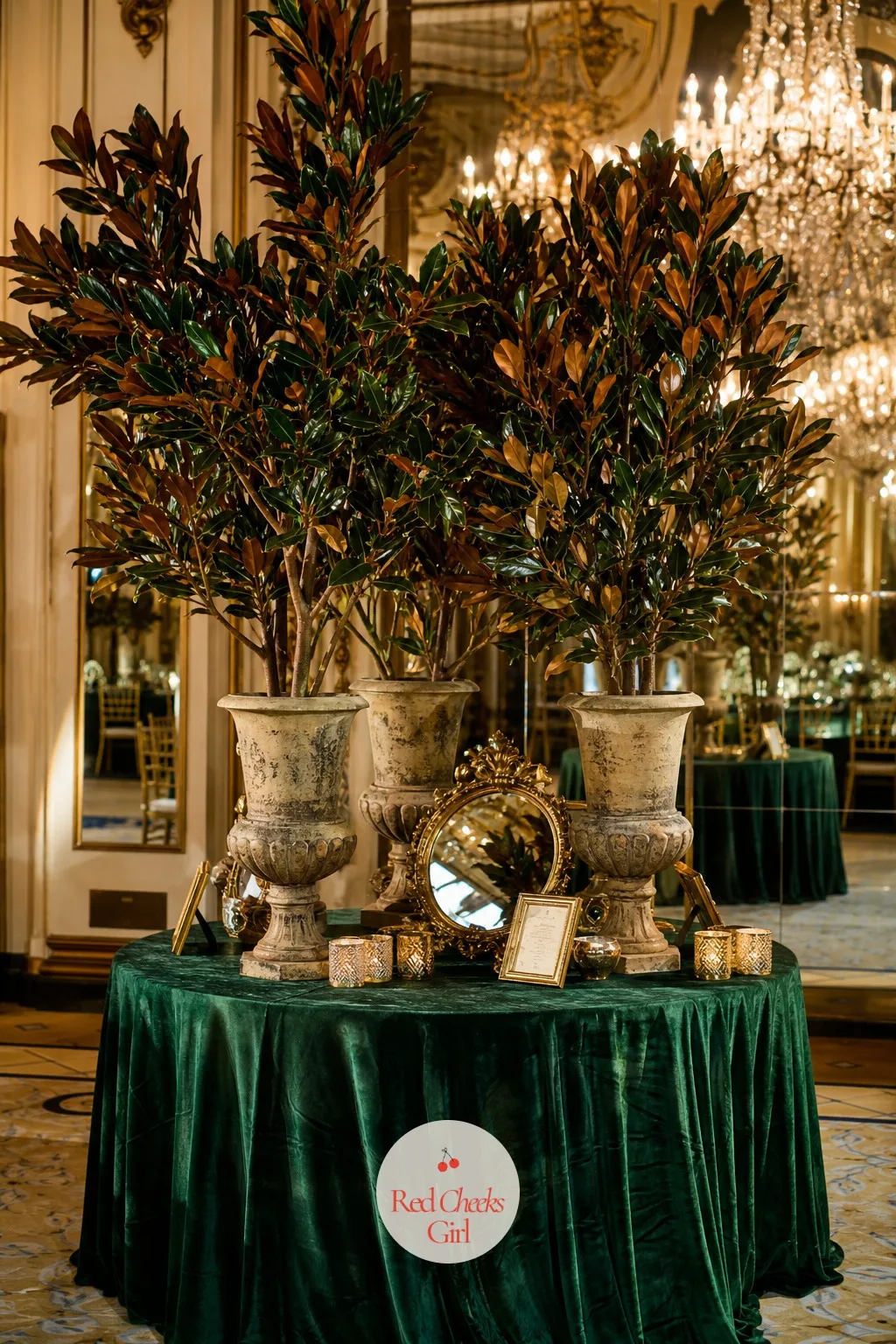 Magnolia Branches in Tall Urns — Magnolia leaves, dark green on top and bronze underneath, give height to a table without a single stem of actual flower.