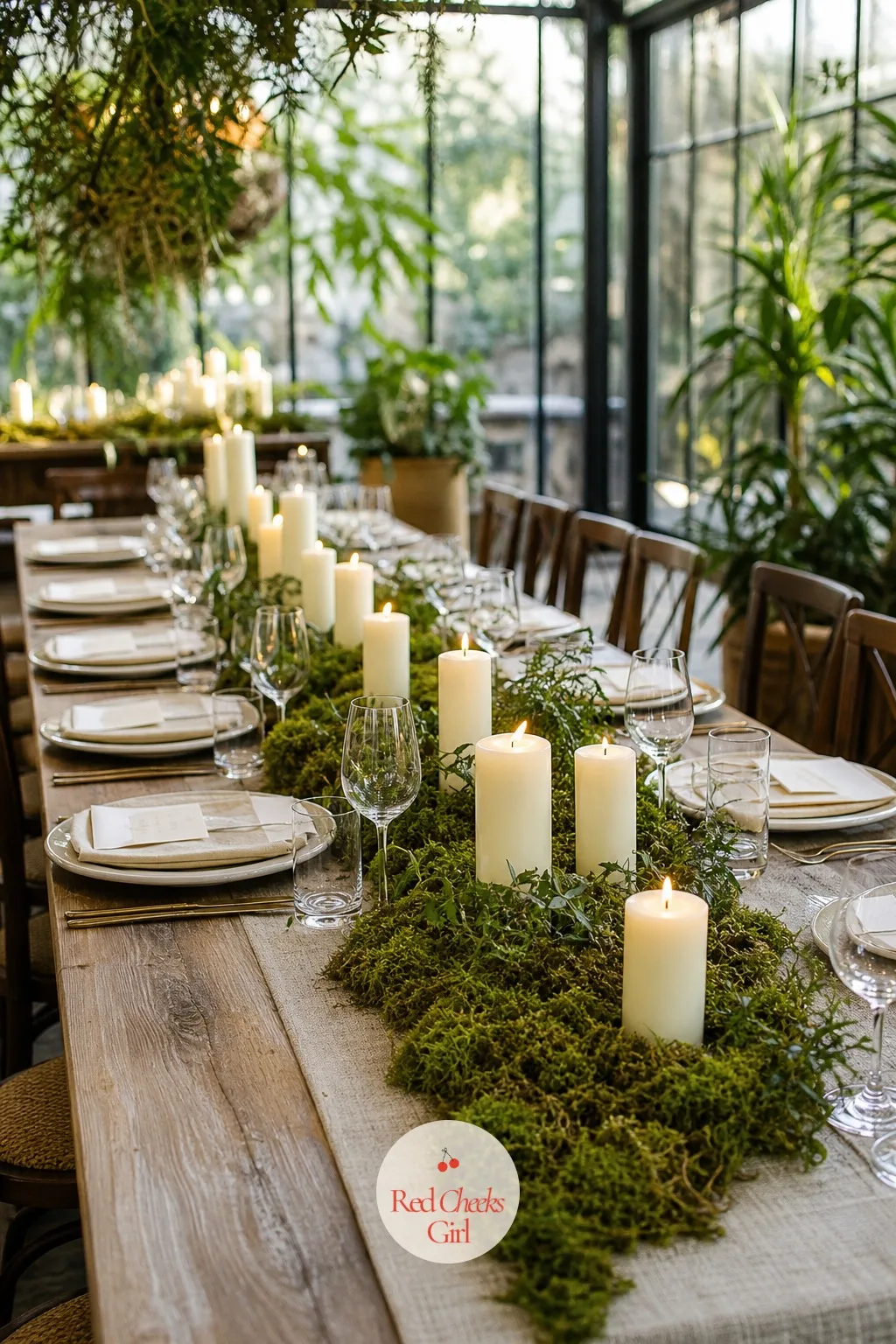 Moss Bed Candle Runner — This is the centerpiece that makes a table look like it grew there. Rustic wedding centerpieces