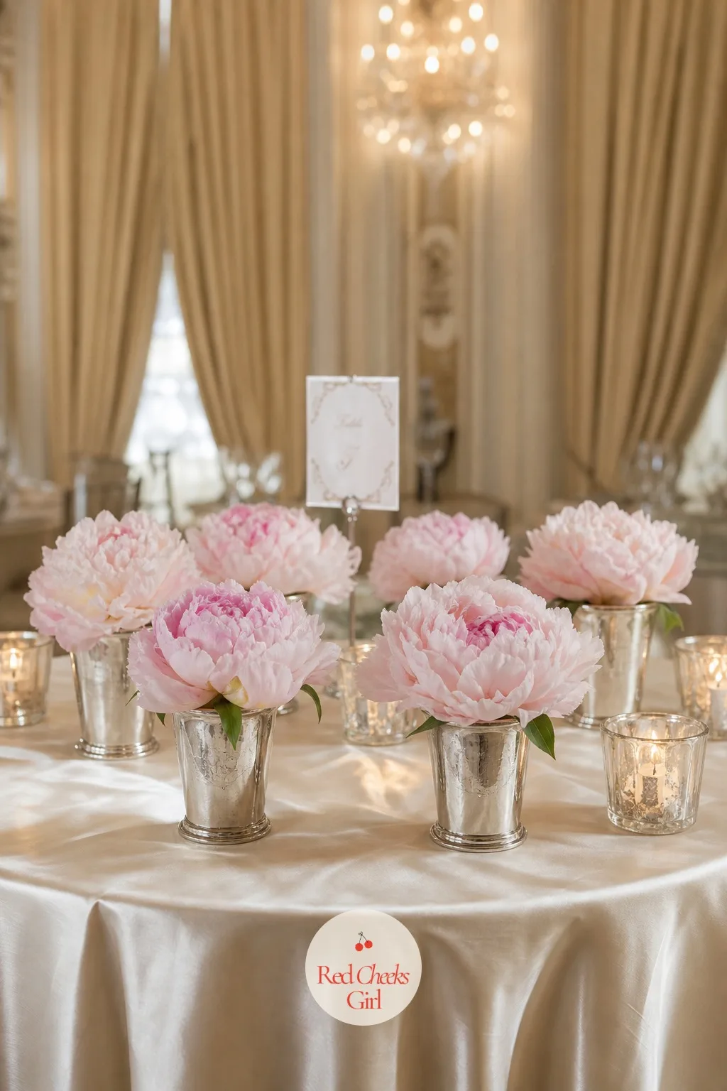 Peonies in Silver Mint Julep Cups — Peonies are the one flower that make a plain table look finished on their own, and the mint julep cup keeps them from