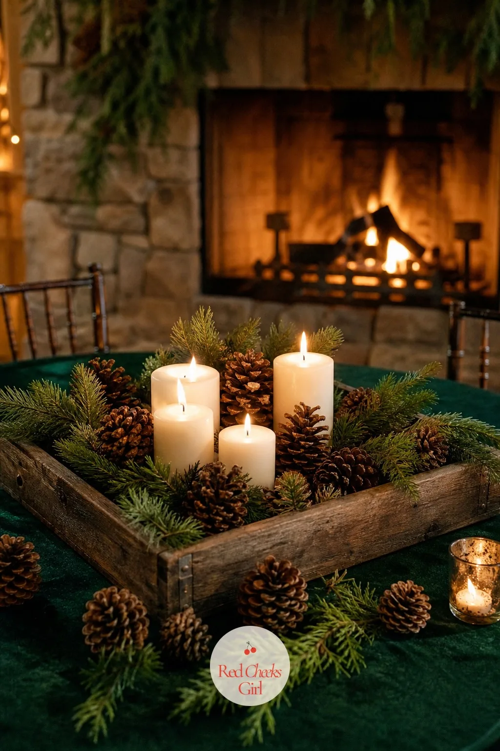 Pine Cones and Candles — For a cold weather wedding, pine cones around a cluster of candles make the table feel warm before anyone sits down. Rustic wedding