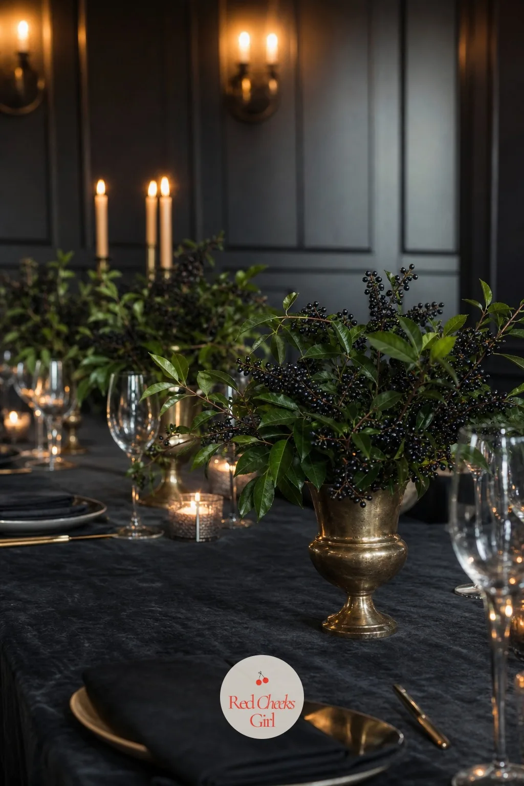 Privet Berries in Brass Urns — Dark privet berries on the branch give a table richness without a single open bloom, which suits a bride who wants green and