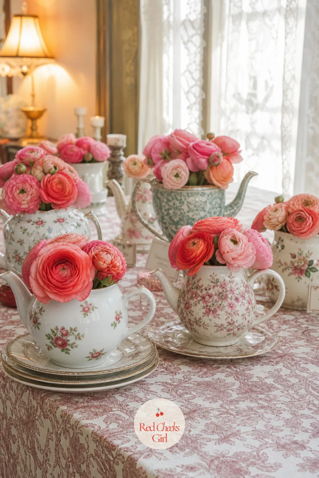Ranunculus in Vintage Teapots — A mismatched teapot collection turns a table into something that looks inherited rather than rented, each one holding a small