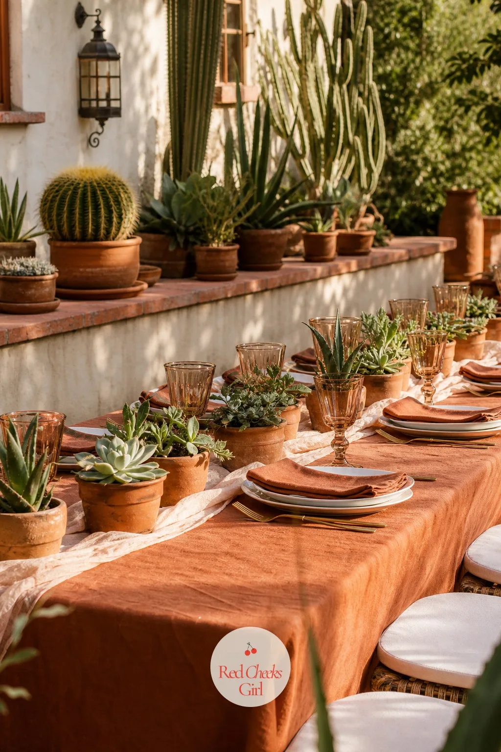 Succulents in Terracotta Pots — Succulents solve the problem of a centerpiece that needs to survive from early setup through a late reception without anyone