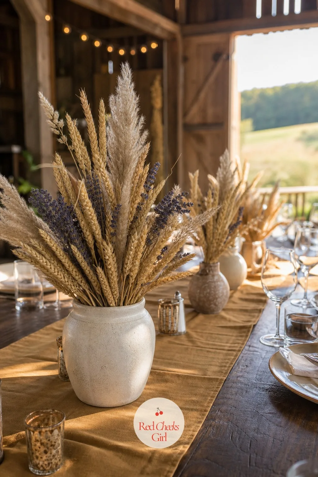Wheat and Dried Florals — Dried wheat and bunny tail grass give a table a soft gold colour that fresh flowers rarely manage, and they are built the week