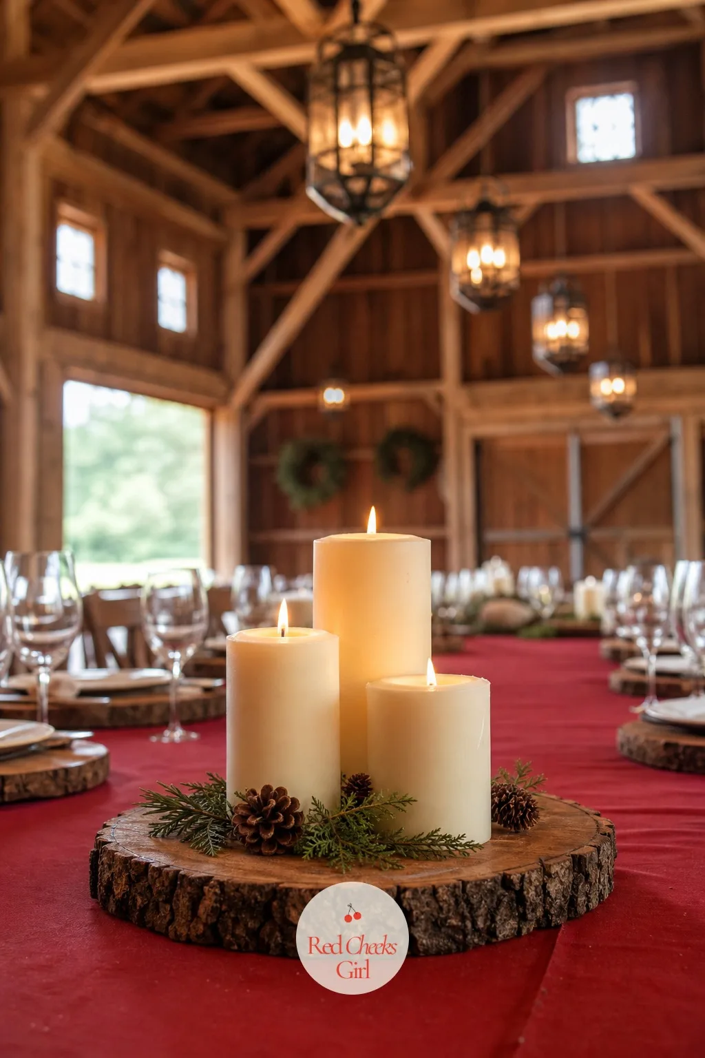 Wooden Slices with Candles — She will worry a plain wood slice looks unfinished on its own. Rustic wedding centerpieces