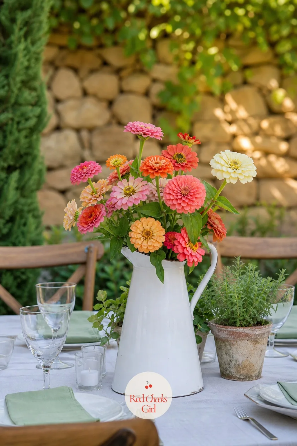 Zinnias in Enamelware Pitchers — Zinnias come in every colour a dahlia does for a third of the price, which is the whole case for them here. Rustic wedding