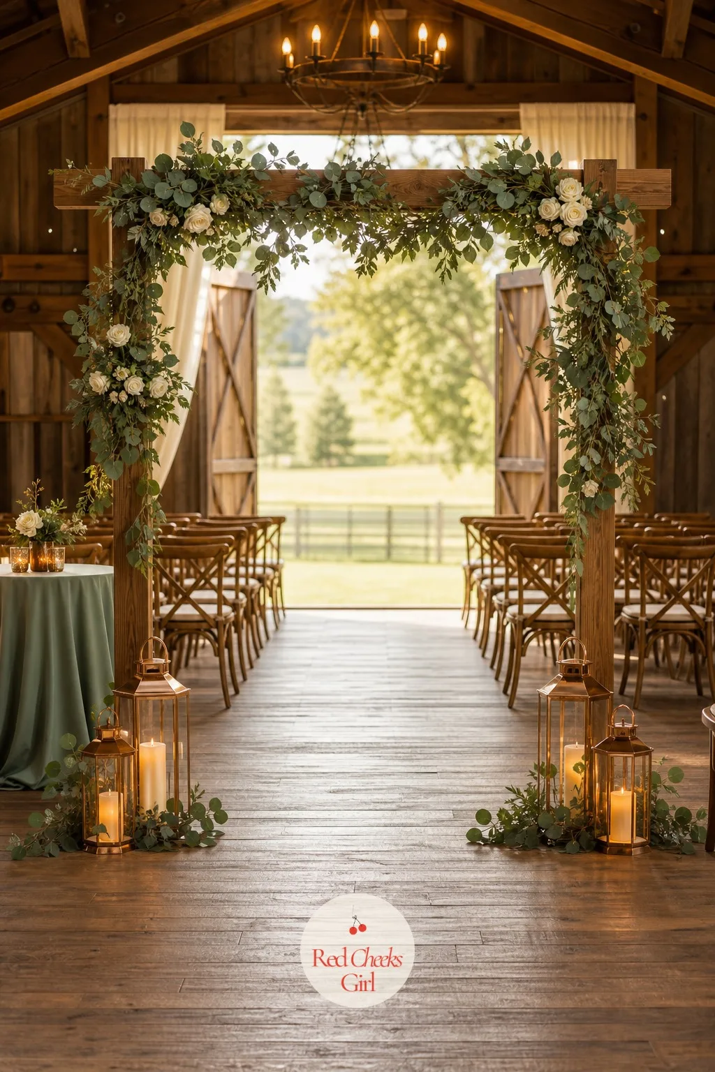 Barn Ceremony Under a Wooden Arch — Open barn doors, hay dust catching the light, and one structure standing where every eye lands first: that is the whole job