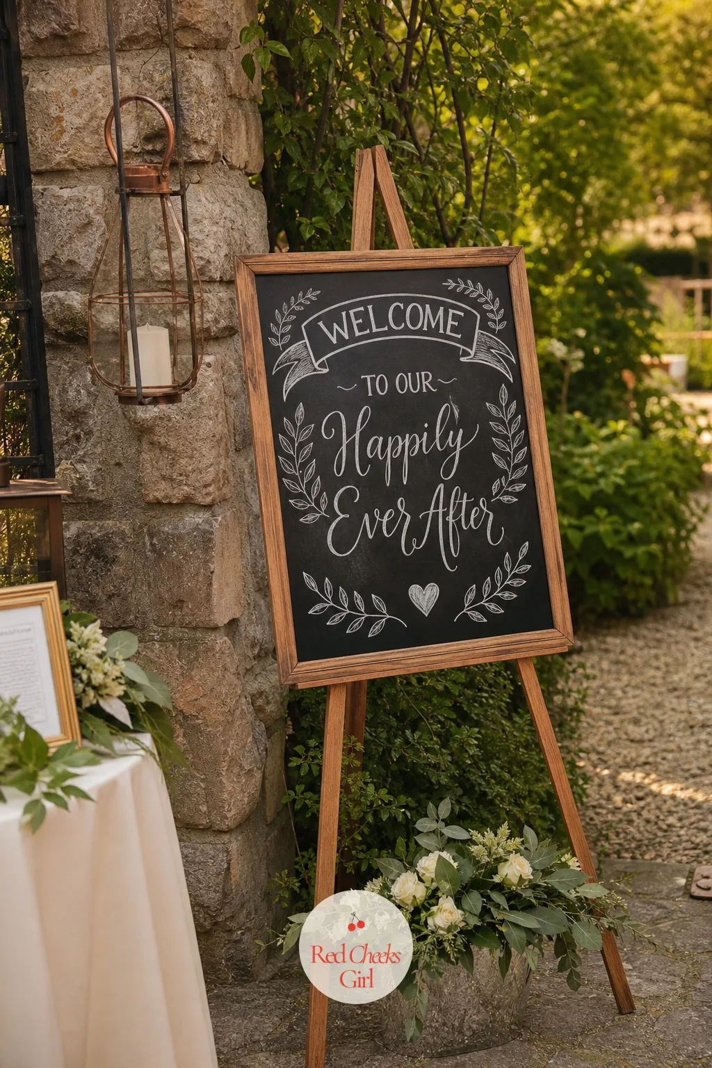 Chalkboard-Style Welcome Sign — Guests need to know they are in the right place within seconds of arriving, and a chalkboard sign in a plain wooden easel does