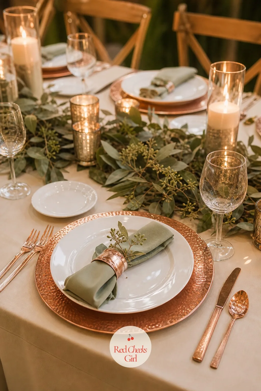 Copper Charger Plates at Each Setting — A full place setting on bare cotton can look slightly unstyled next to all the other work on the table, and a copper