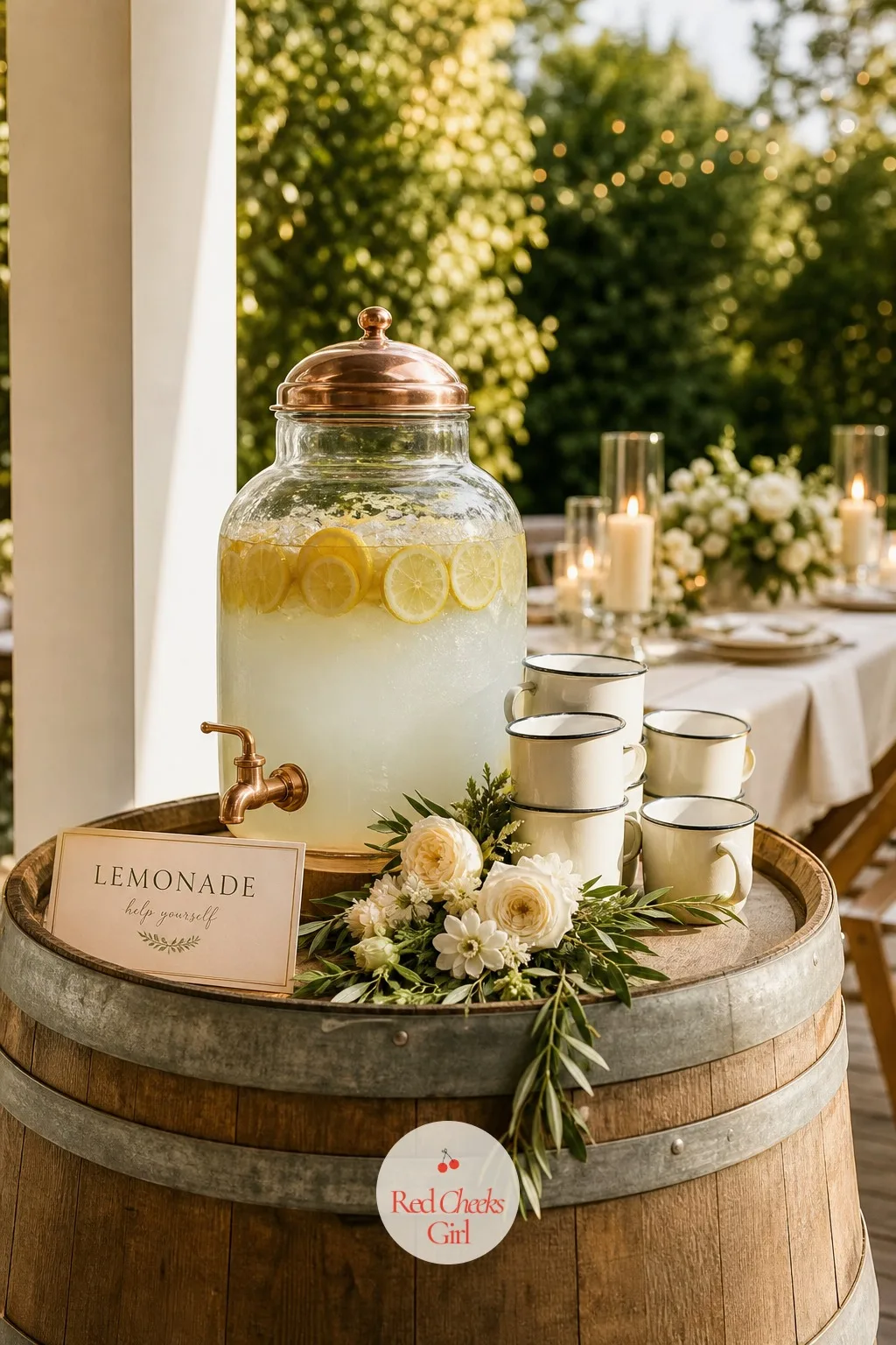 A Copper Drink Dispenser of Lemonade on a Barrel — A plastic beverage dispenser on a folding table undercuts even the best styled room, and a copper or glass