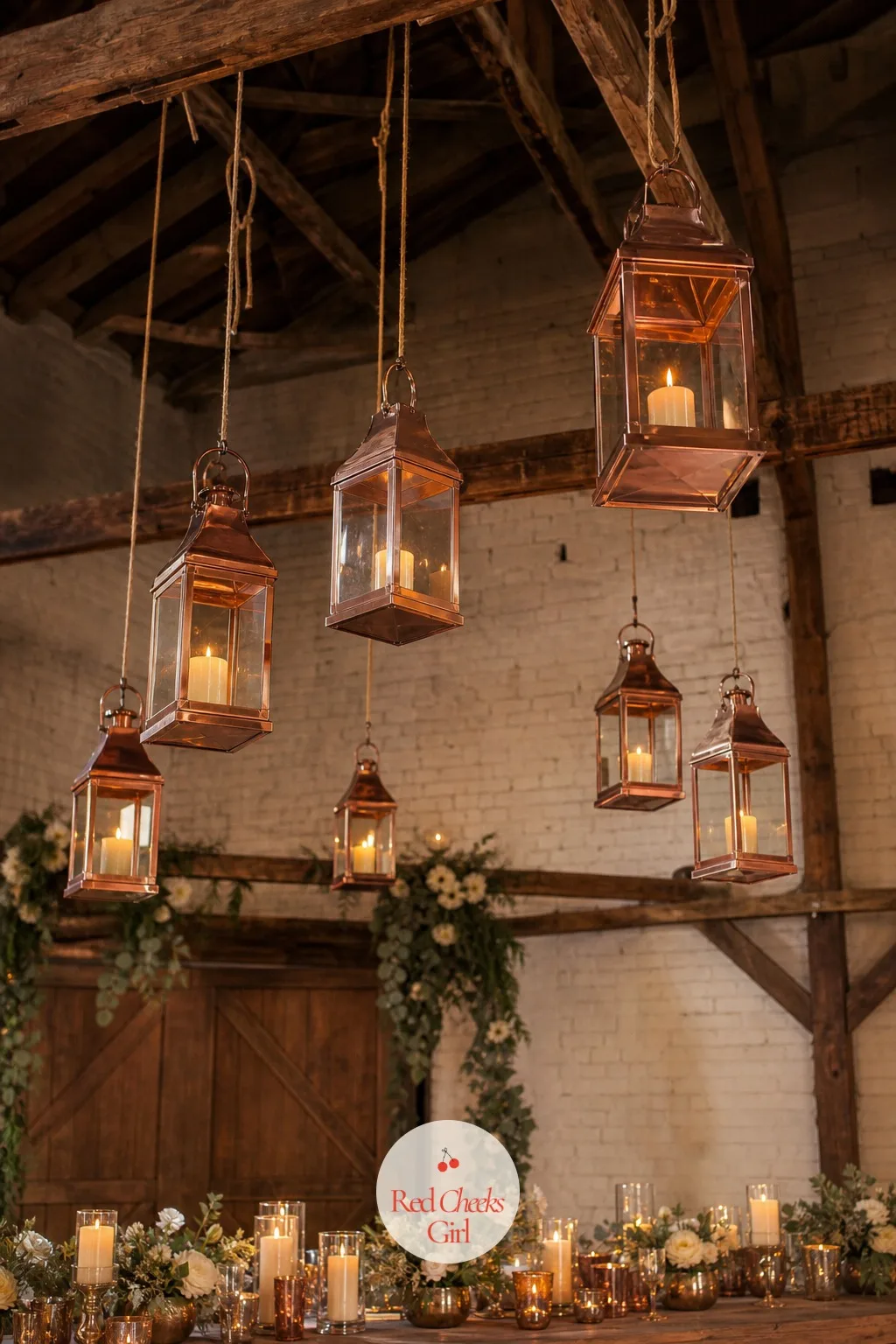 Copper Lanterns Hung from the Rafters — A barn ceiling is usually the most interesting unfinished surface in the room, and leaving it entirely dark wastes it.