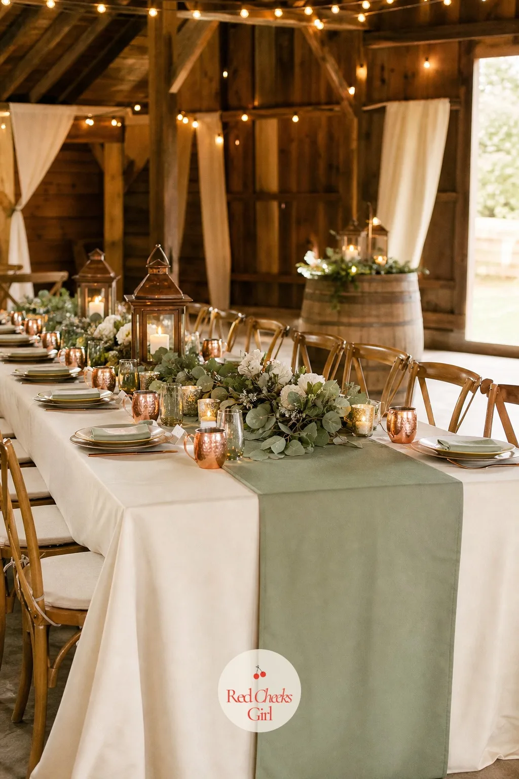 Cream Cotton Tablecloths with a Sage Runner — A bare wooden table looks rustic in a magazine and bare in person by hour three of dinner. Rustic wedding decor